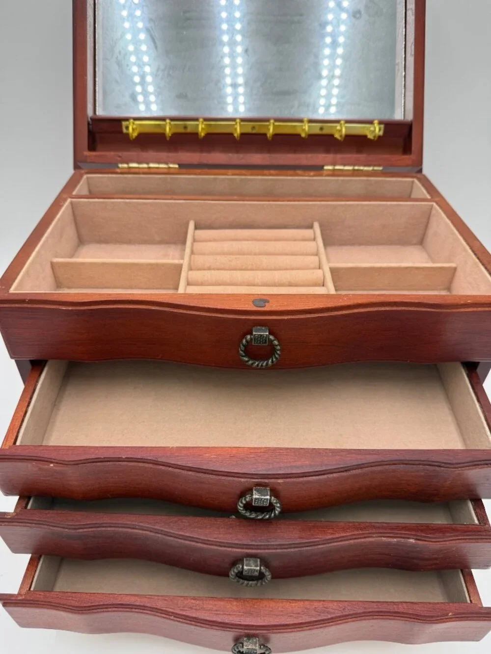 Wooden Jewelry Box With Four Drawers Mirrored Lid & Felt Lining - Vintage Look